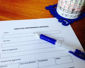 a sheet of paper with "employee performance appraisal" written at the top, and a blue pen.