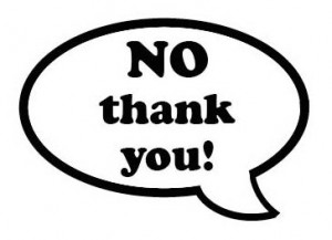 A cartoon speech bubble with "No, thank you!" written inside in black type.