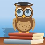 A cartoon picture of an owl standing on three books and wearing glasses and a mortarboard.