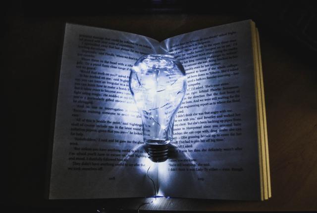 A lightbulb with lit decoration lights inside it, on the page of an open book.