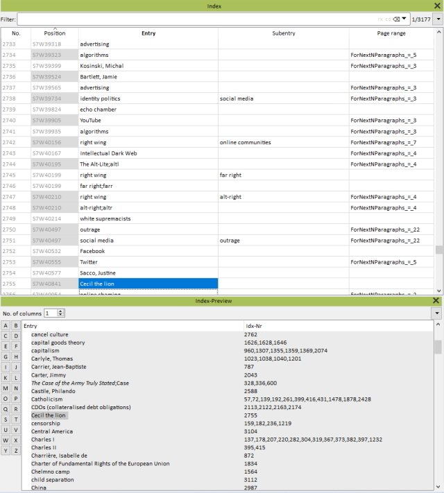 A second screenshot of index managing software.