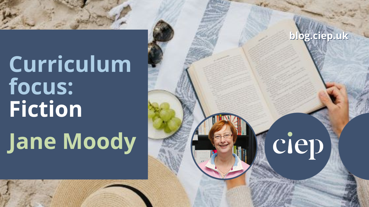 Header image, text Curriculum focus: Fiction, Jane Moody. Image of someone reading on a beach towel