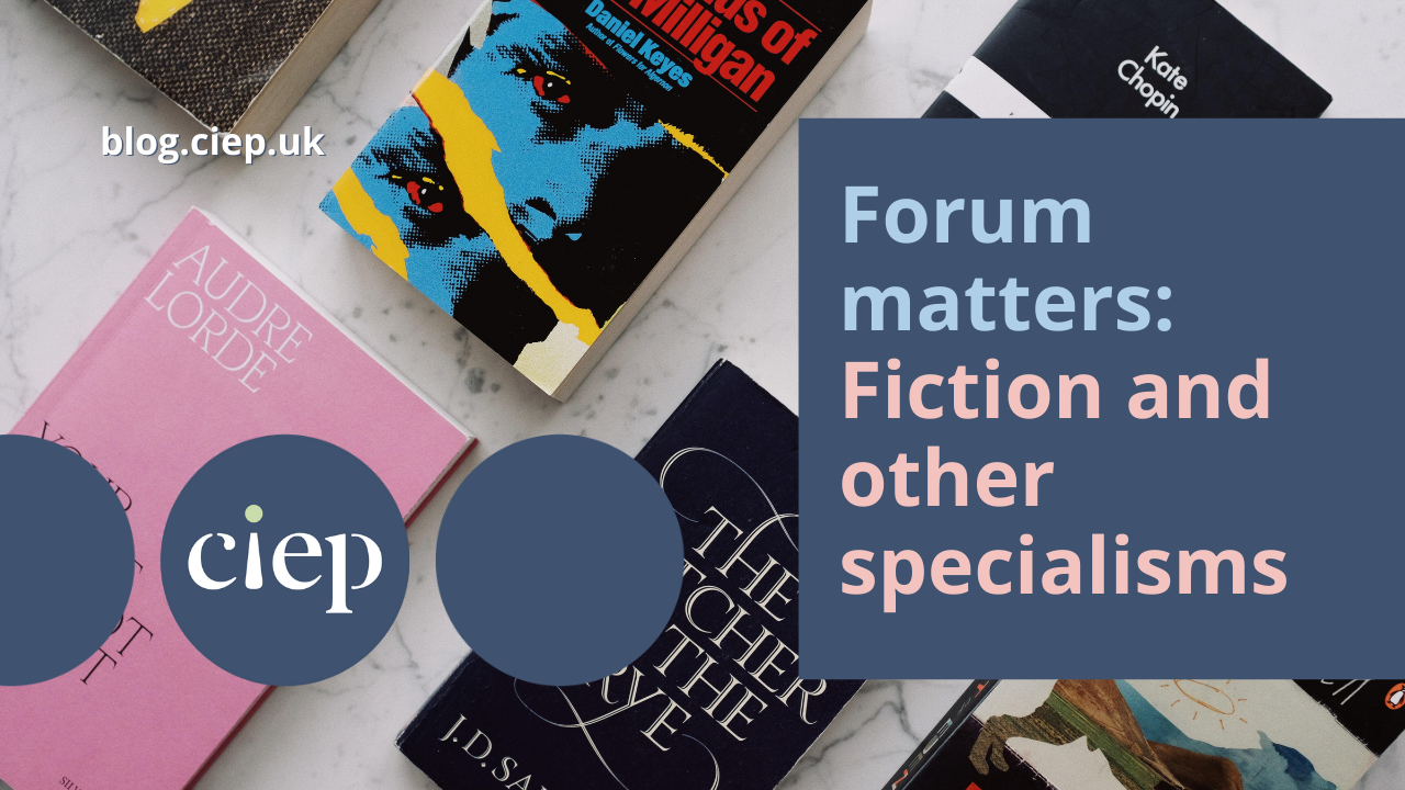 Headline graphic saying 'Forum matters: Fiction and other specialisms' with books laid out on a white surface