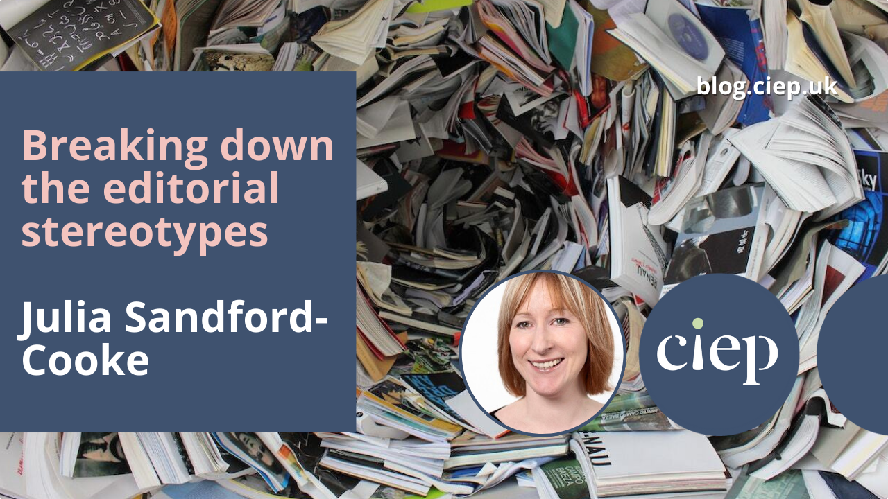 Image of a cascade of books, with the title of the blog post and author headshot on top