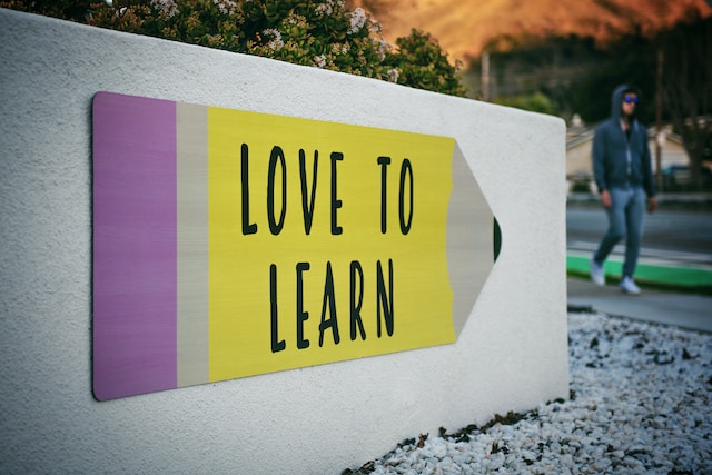 A sign reading 'love to learn' points towards a figure walking along a road